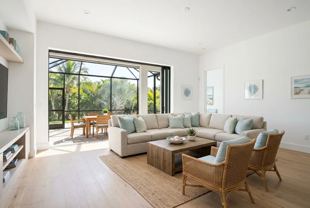 Illustrative photo: bright coastal living room