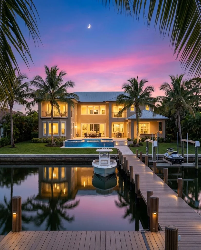 Illustrative photo: waterfront home at dusk